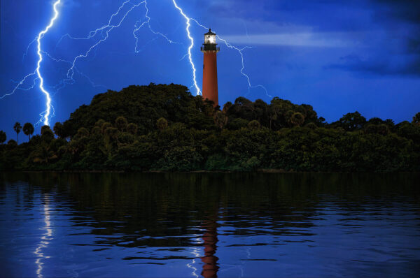Night Lightning over Jupiter Lighthouse in Florida