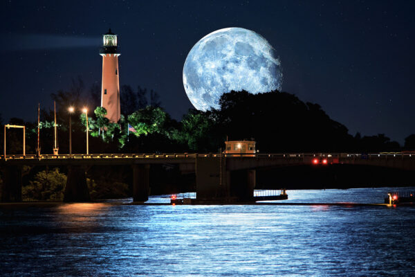 Super moon over Jupiter Lighthouse in Florida