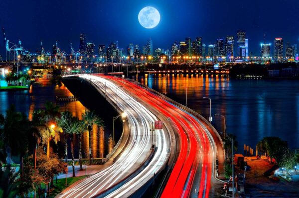 Full Moon rising over busy Miami Florida