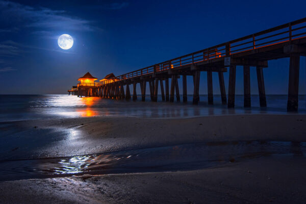 Full Moon over Naples Pier and Beach in Florida