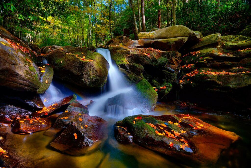 Sunlit Waterfall at Great Smoky Mountains National Park