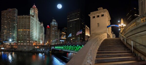 Chicago Riverwalk Skyline by Night under the Full Moon