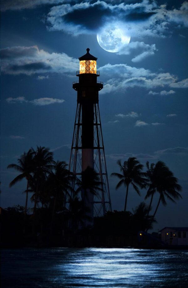 Full Moon rising over Hillsboro Lighthouse in Pompano Beach Florida