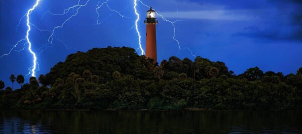 Lightning over Jupiter Lighthouse at Twilight Panoramic