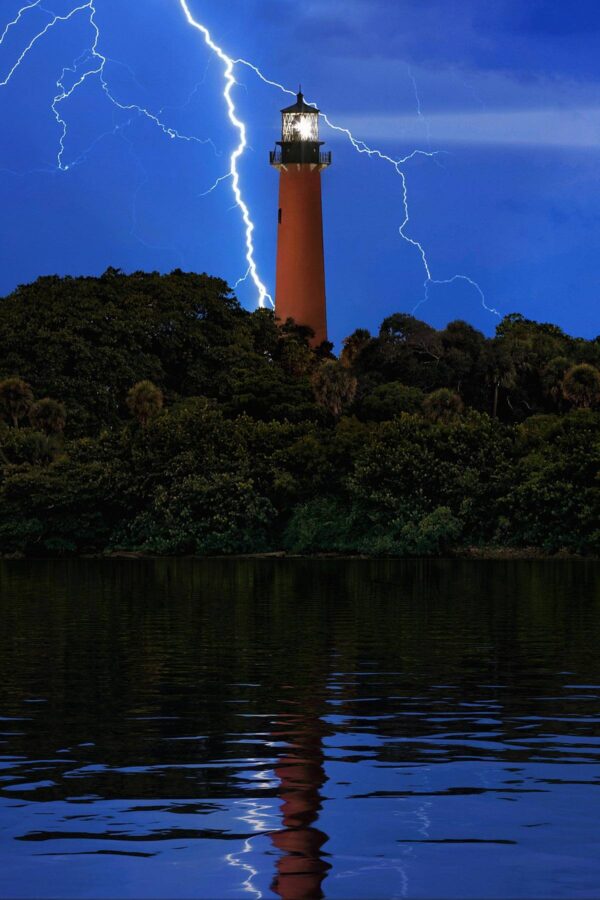 Night Lightning over Jupiter Lighthouse in Florida Vertical
