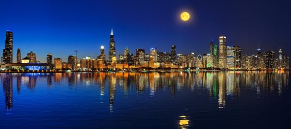 Full Moon over Chicago Skyline Panoramic
