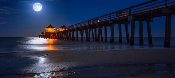 Full Moon over Naples Pier and Beach in Florida Panoramic