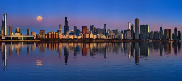 Sunrise and Moon over Chicago Skyline