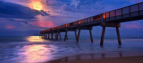 Full Moon rising over Vero Beach Florida Pier Panoramic