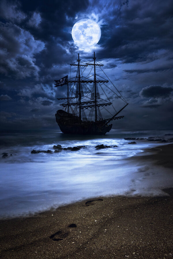 Black Pearl Pirate Ship Landing on Beach under Full Moon