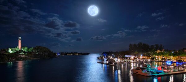 Full Moon over Jupiter Inlet and Lighthouse Panoramic