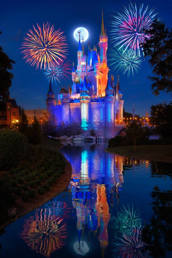 Walt Disney World Cinderellas Castle Fireworks under Full Moon
