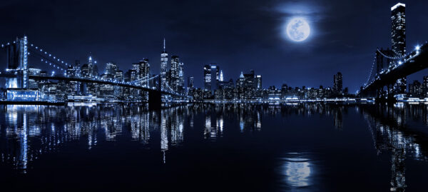Full Moon over Brooklyn Bridge Manhattan New York City Skyline Blue Monochrome