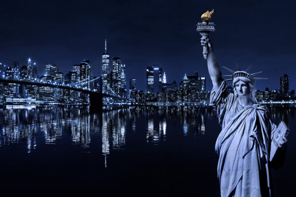 Statue of Liberty Brooklyn Bridge New York City Monochrome