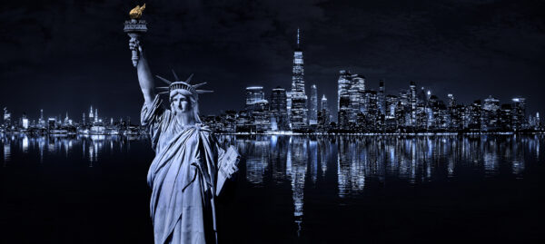New York Cityscape by night with Statue Of Liberty Monochrome Skyline