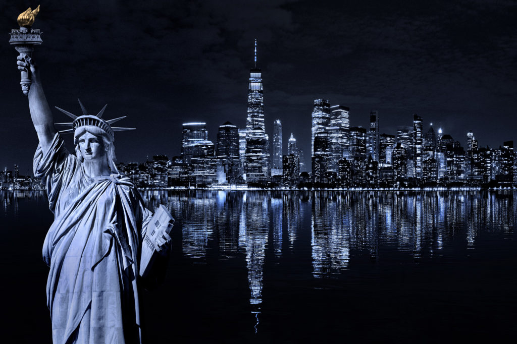 New York Cityscape by night with Statue Of Liberty Monochrome Skyline