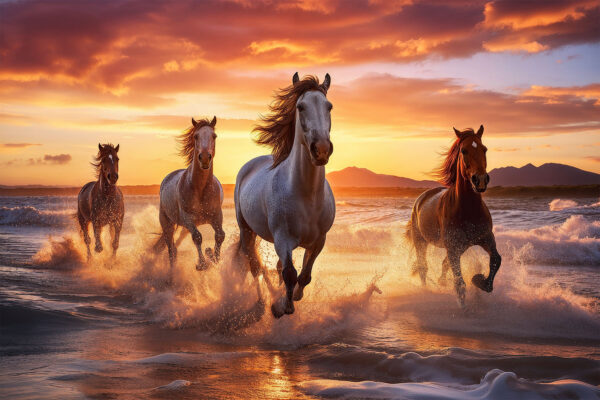 Sunset Serenade Wild Horses Running on the Beach