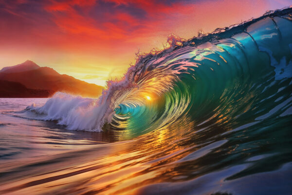 Sunset Swell -ocean_wave_breaking_during_sunset_with_mountains on a tropical island